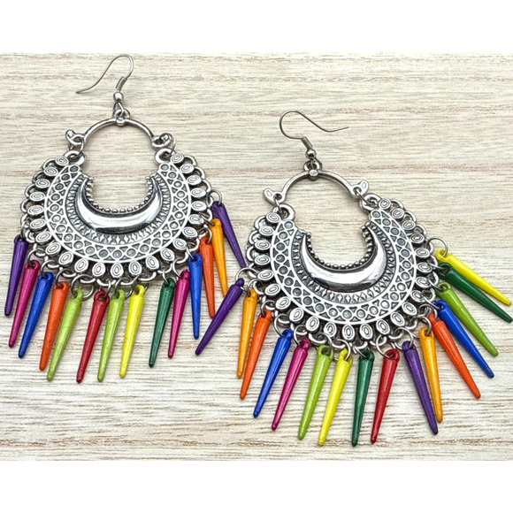 Estate Jewelry - Chandelier Earrings Multicolor Mughal Ornate Silver Tone Frame Chandbali Dangles